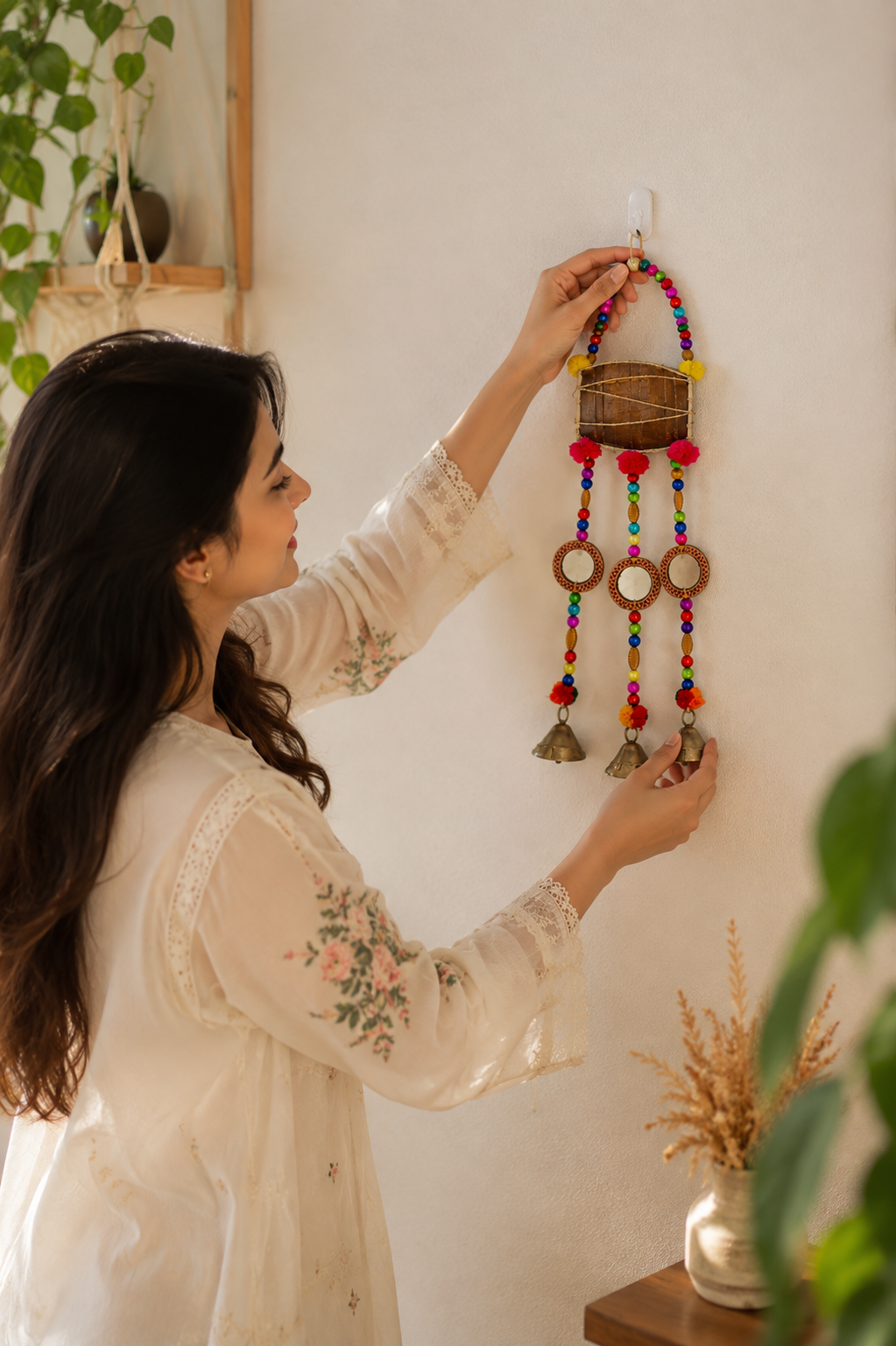 Handmade Colorful Beaded Wall Hanging with Bells – Decorative