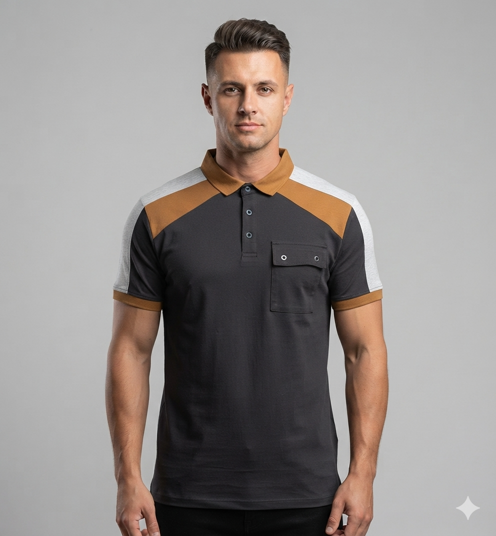 Men's  Color Block Polo T-Shirt with Utility Pocket