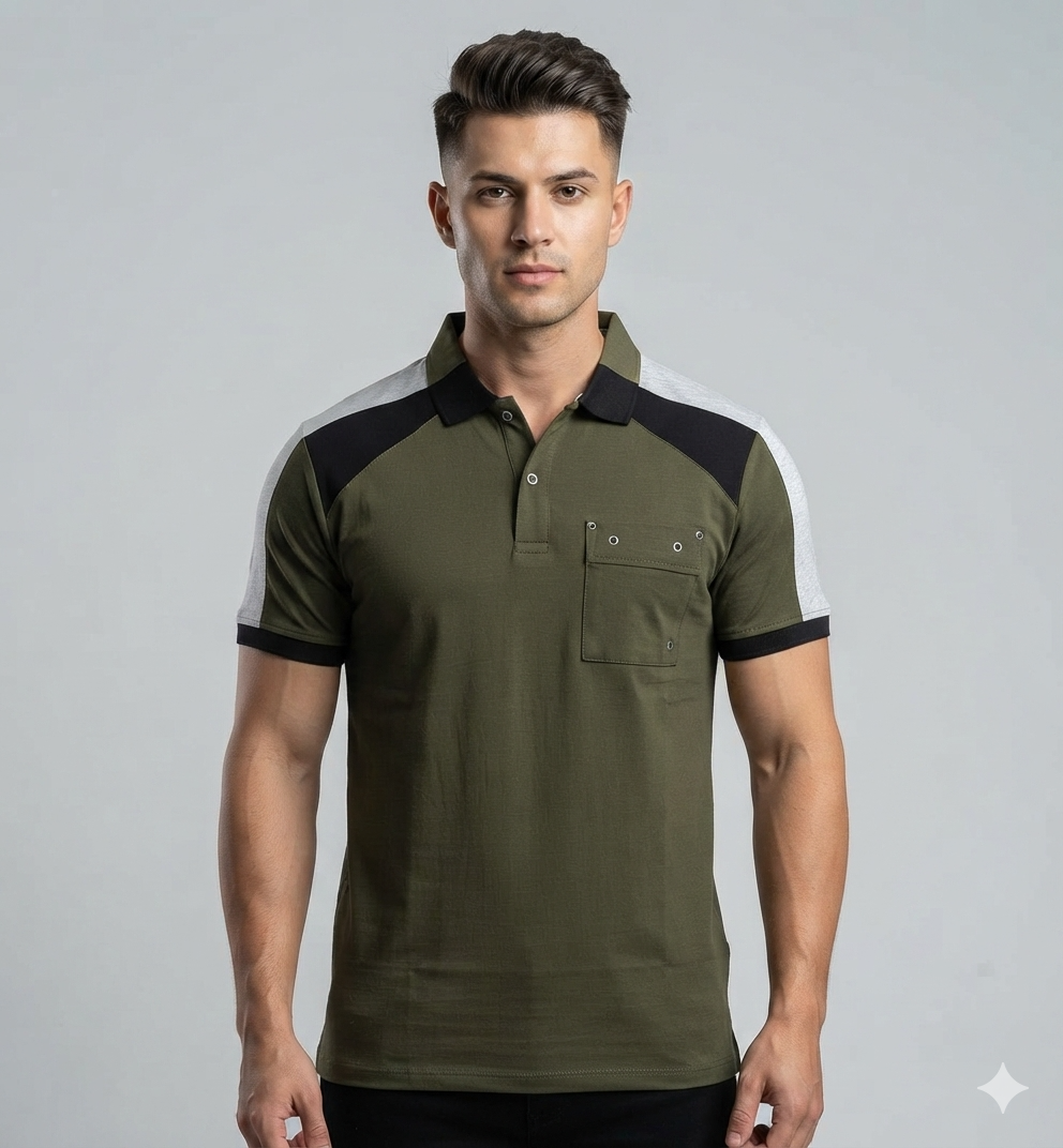 Men's  Color Block Polo T-Shirt with Utility Pocket