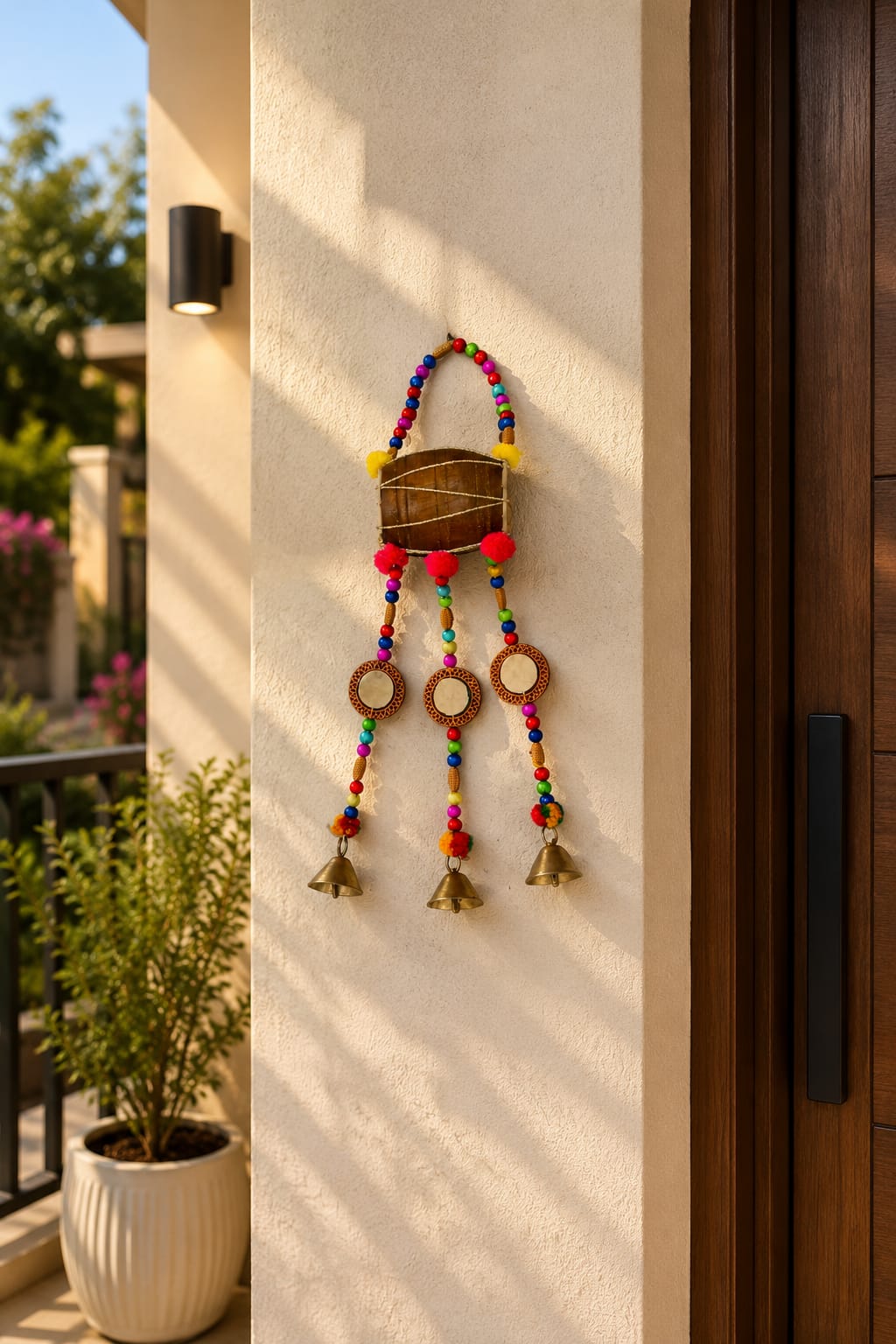 Handmade Colorful Beaded Wall Hanging with Bells – Decorative