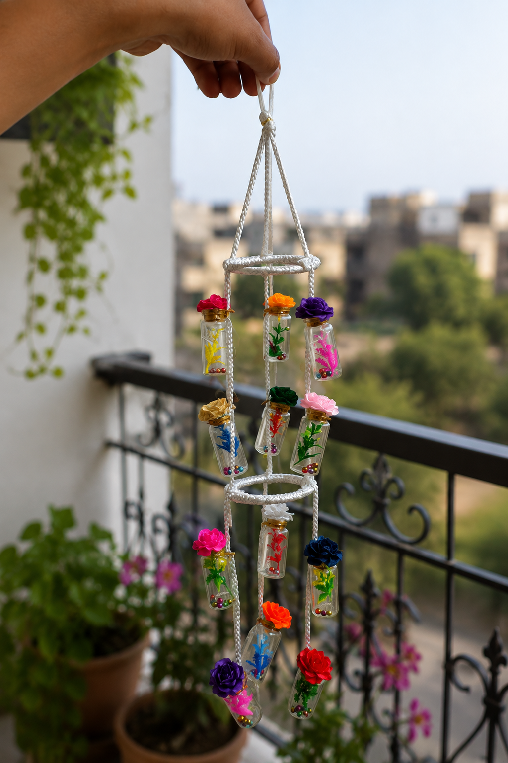 Handcrafted Floral Glass Bottle Hanging Decor – 20 Inches