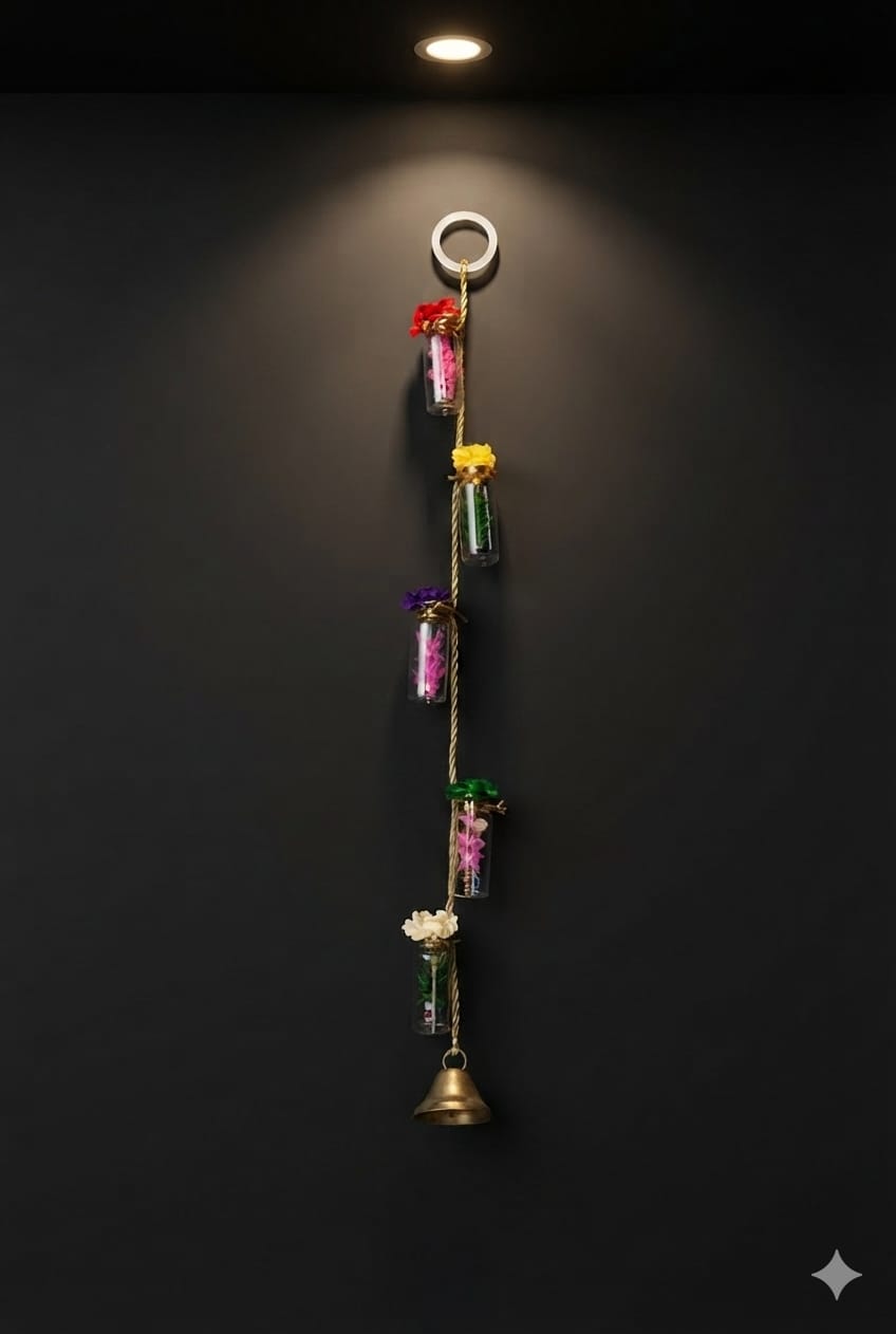 Handmade Hanging Glass Bottle Wall Decor with Brass Bell