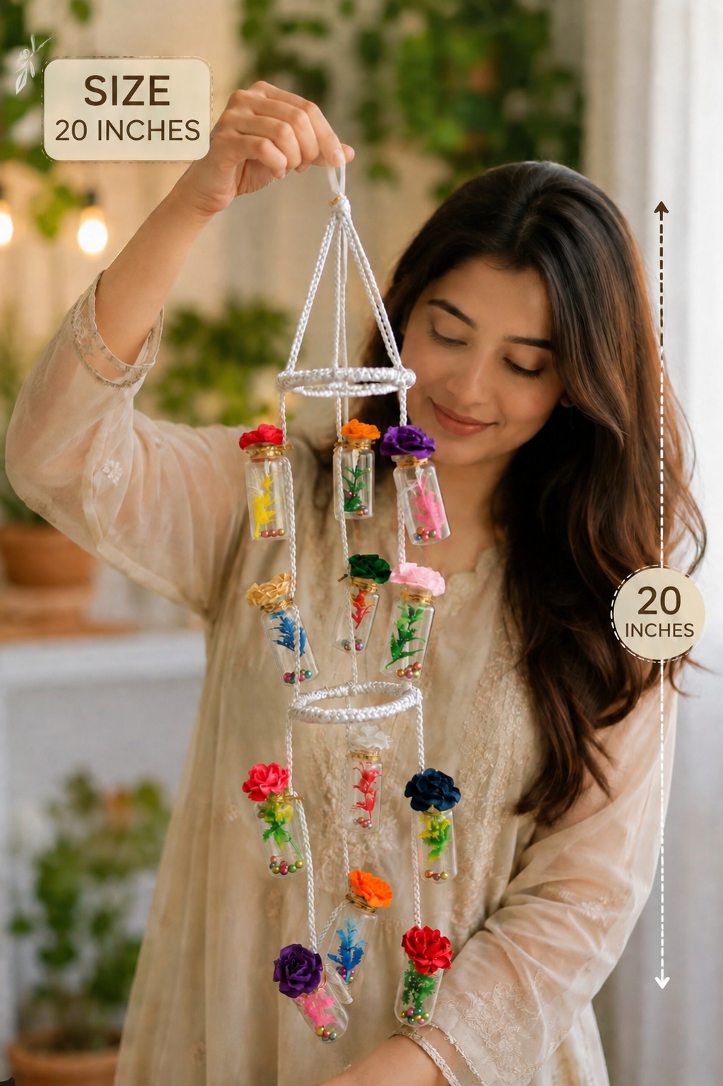 Handcrafted Floral Glass Bottle Hanging Decor – 20 Inches