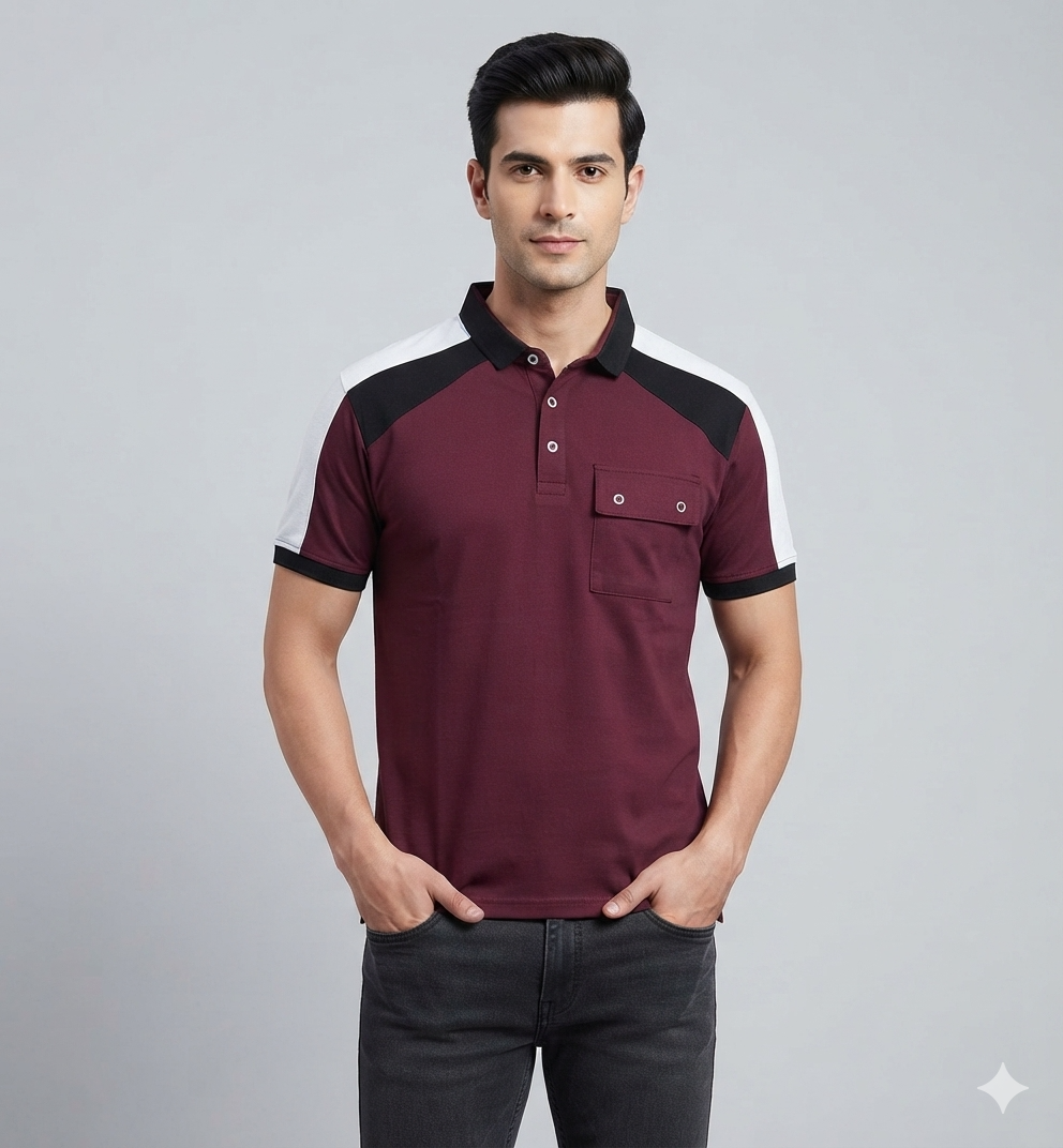 Men's  Color Block Polo T-Shirt with Utility Pocket