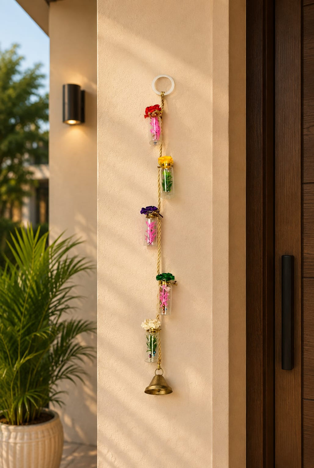 Handmade Hanging Glass Bottle Wall Decor with Brass Bell