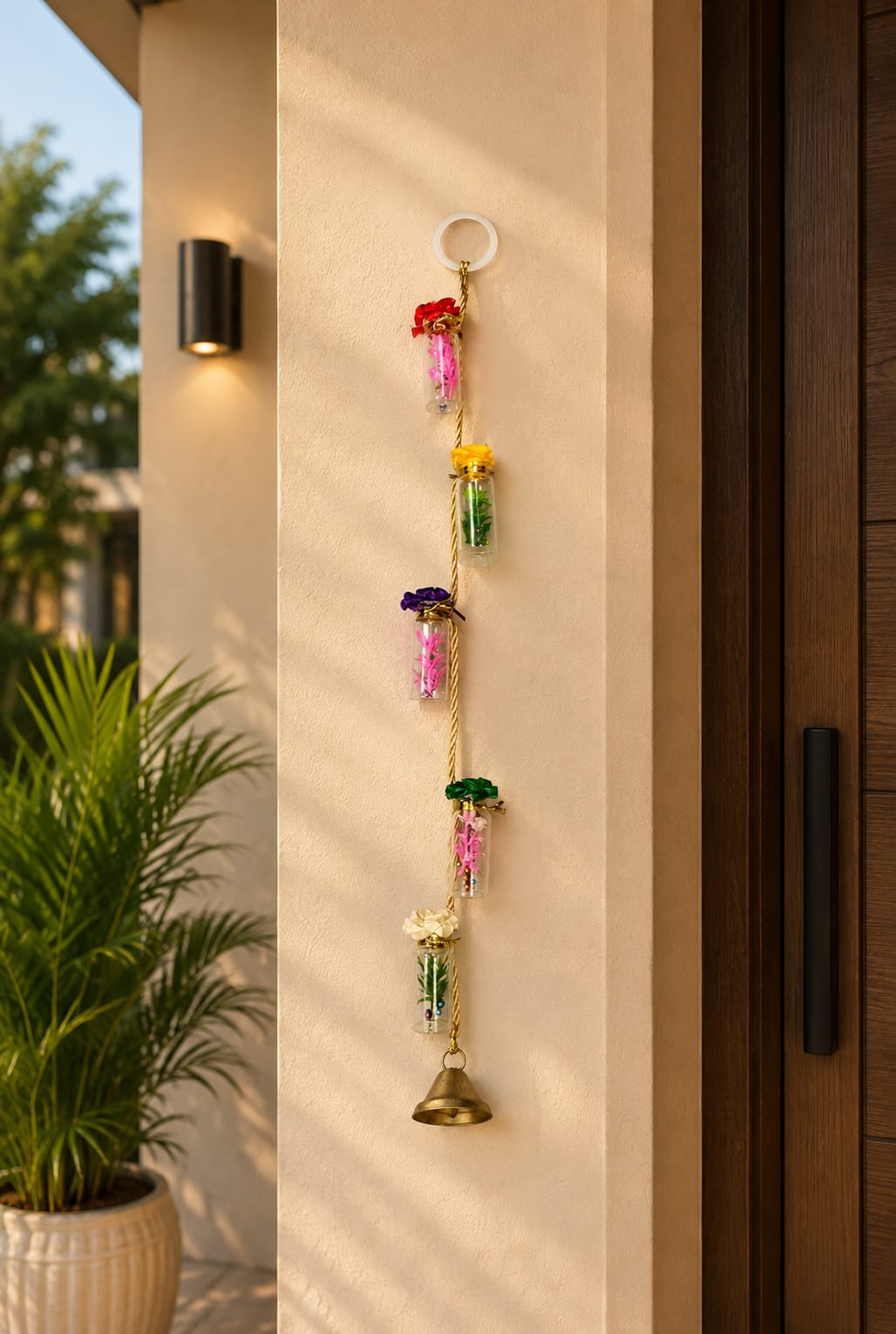 Handmade Hanging Glass Bottle Wall Decor with Brass Bell