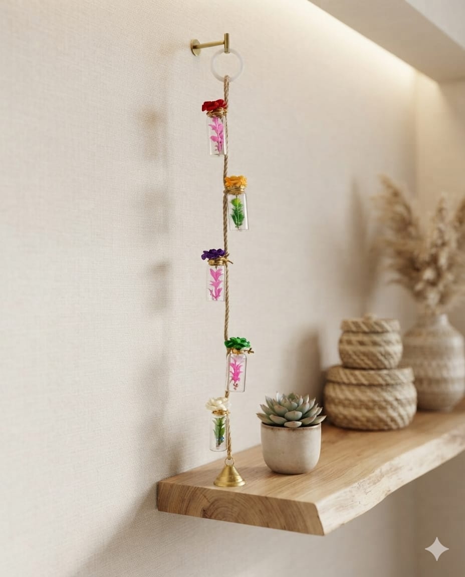 Handmade Hanging Glass Bottle Wall Decor with Brass Bell