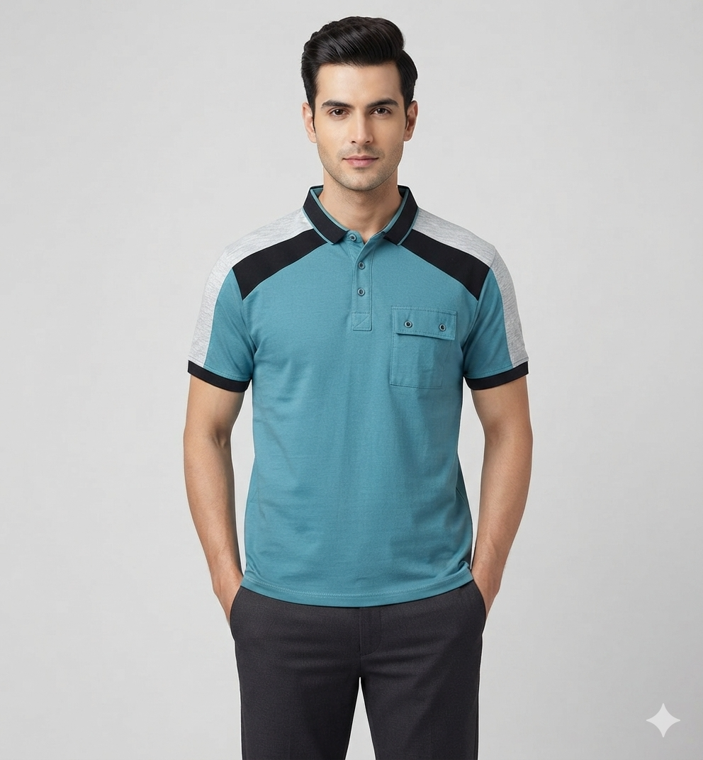 Men's  Color Block Polo T-Shirt with Utility Pocket